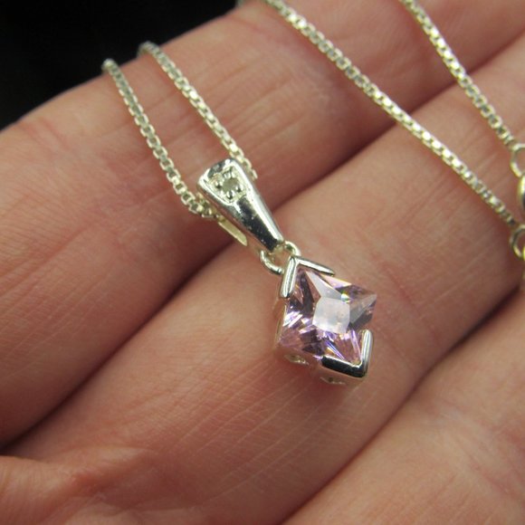 16" Sterling Silver Pink Cubic Zirconia Gem & Diamond Chip Necklace Vintage - Picture 3 of 7